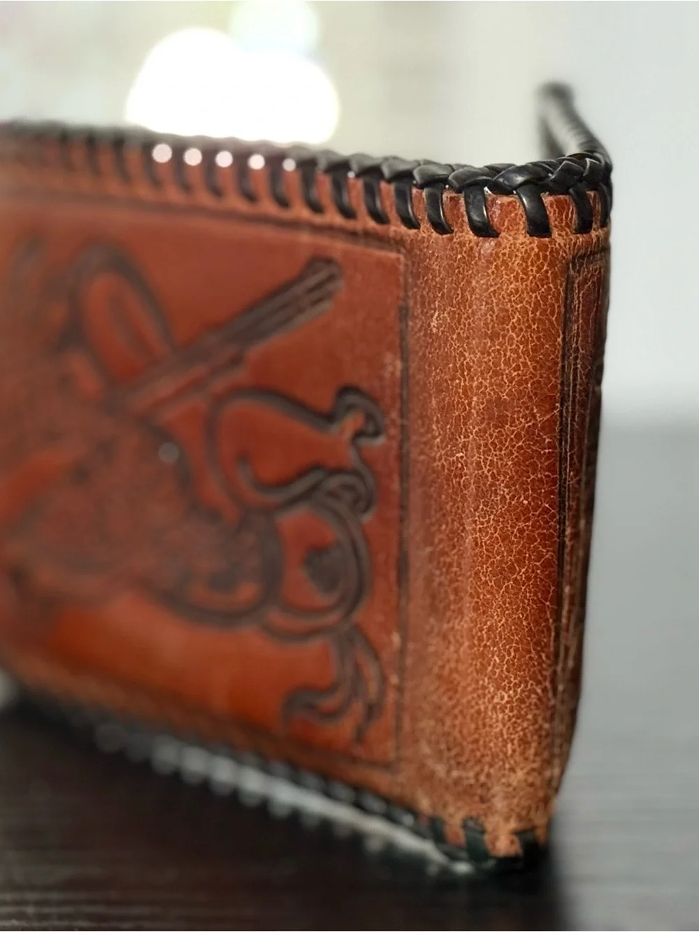 VTG Handmade Leather Wallet with Cowboy Motifs Boots & Spurs, Hat, Gun & Saddle